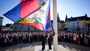 Présentation du drapeau  de la ville à l’occasion de la commémoration de sa libération