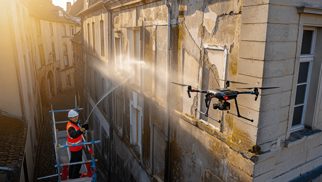 Nettoyage de façades par drone dans le Haut-Rhin : DroneXService lance un service express Nettoyage de façade Haut-Rhin (68) DroneXService