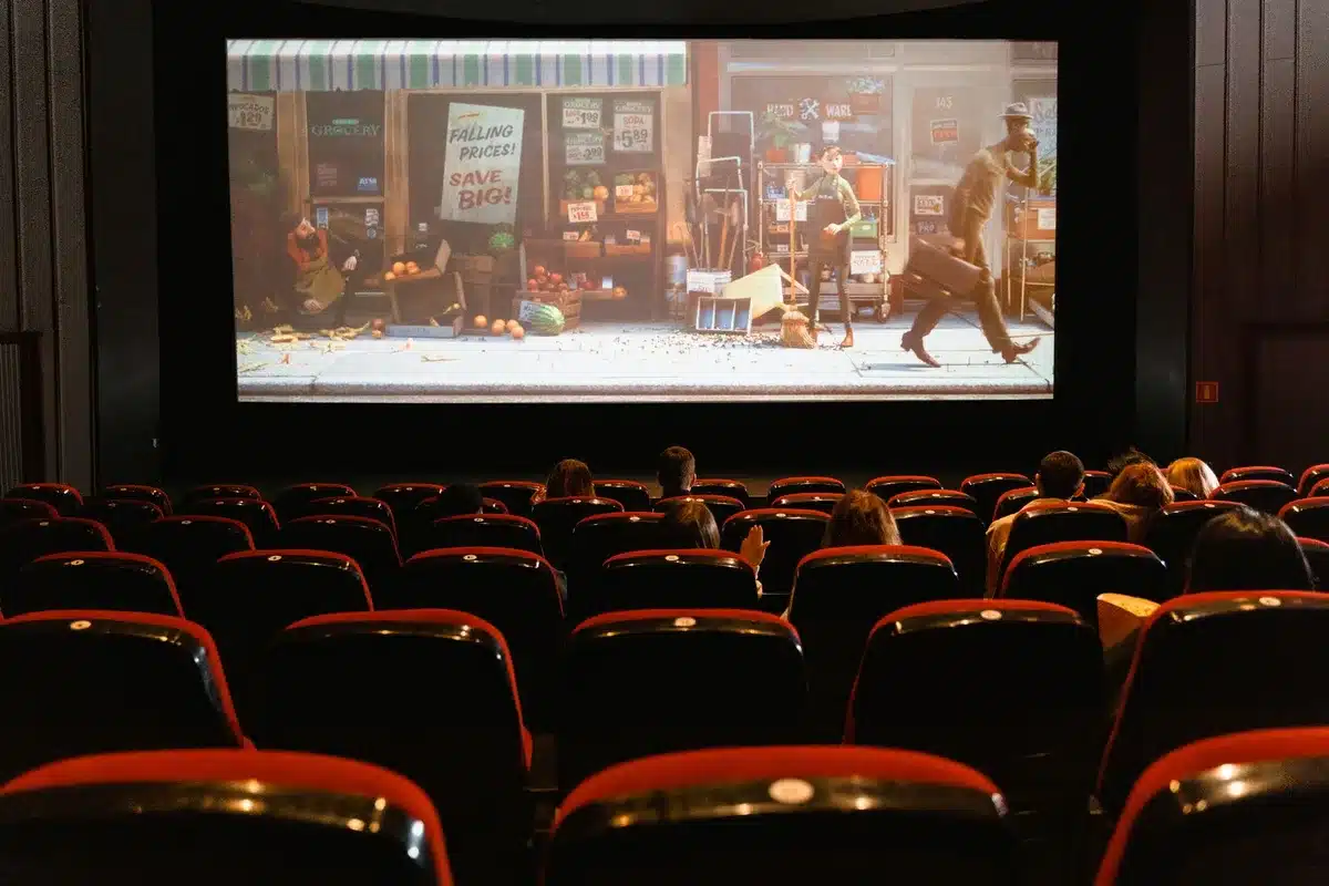 Écran de cinéma avec projection de film dans une salle obscure