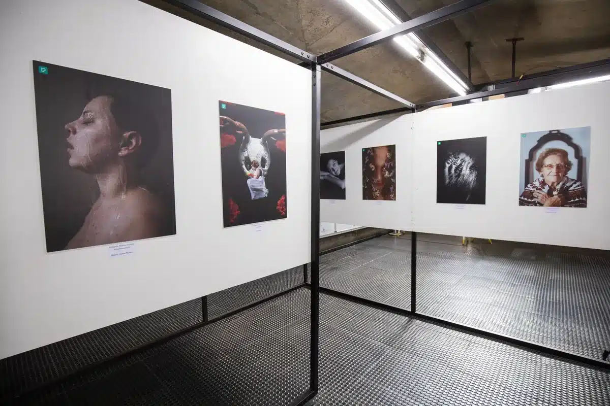 Galerie d'art moderne avec portraits exposés aux murs blancs et éclairage professionnel