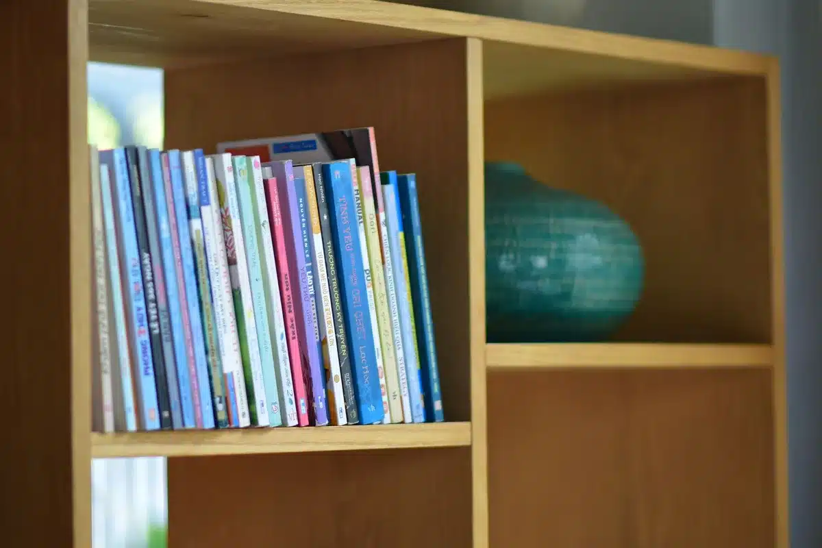 Bibliothèque enfant avec livres, boîtes de rangement et objets décoratifs bien organisés