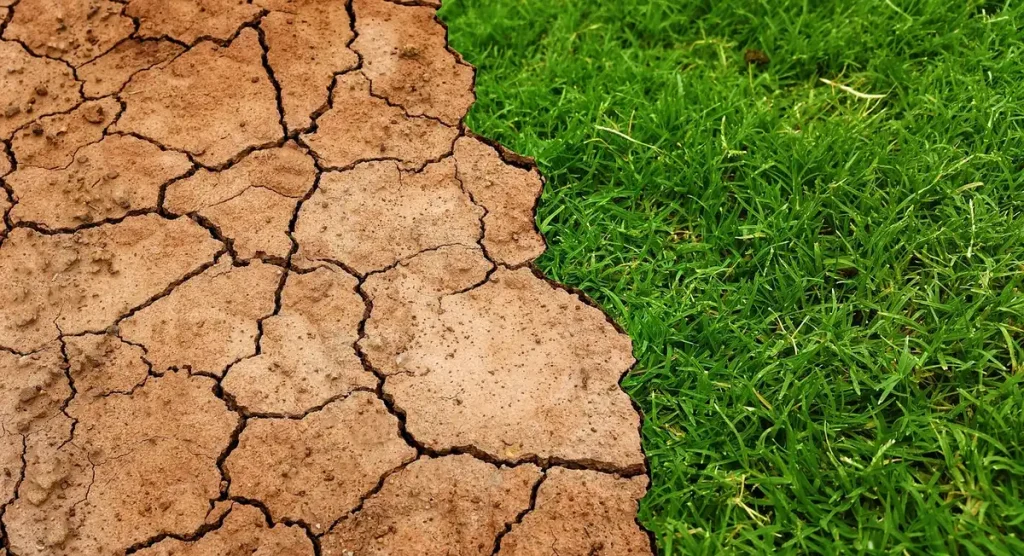 Paysage aride et désertifié sous un ciel brumeux, symbolisant l'anxiété face au dérèglement climatique