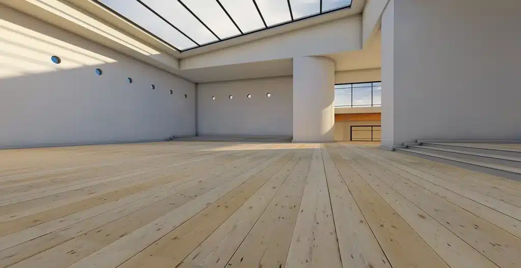 Galerie de musée vide avec murs blancs et éclairage dramatique