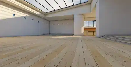 Galerie de musée vide avec murs blancs et éclairage dramatique
