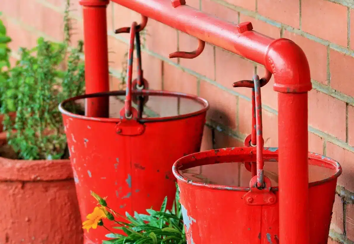 Divers récipients et coupelles remplies d'eau de pluie dans un jardin