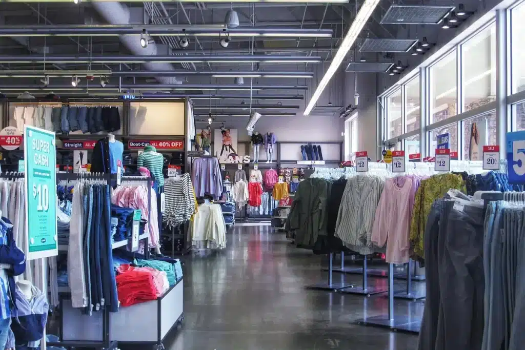 Mains anonymes triant des vêtements d'occasion colorés sur un portant dans une friperie moderne