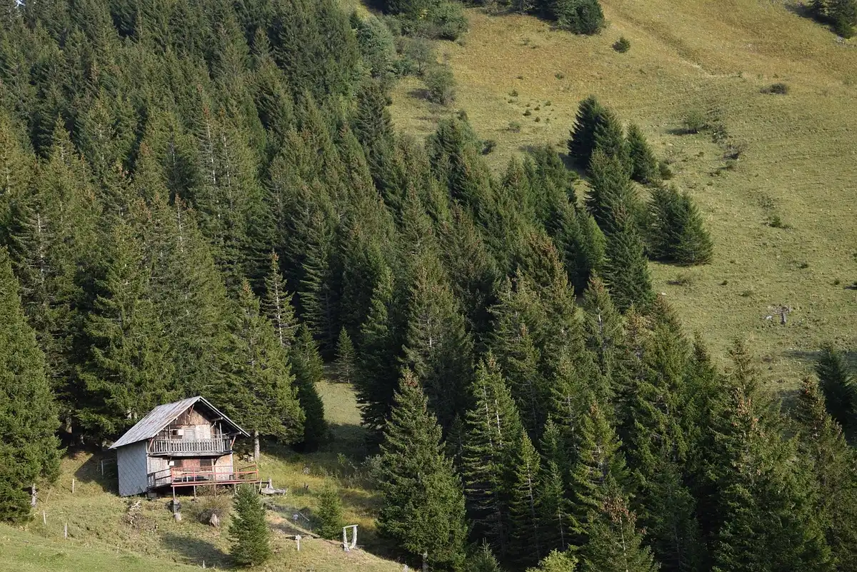 Station de montagne en été avec chalets et randonneurs