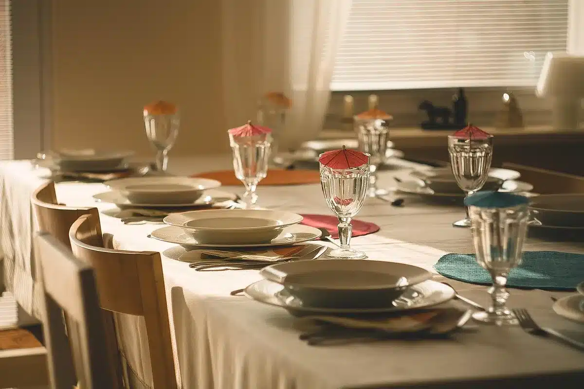 Trois types de dressage : nappe, sets et chemin de table sur une table dressée