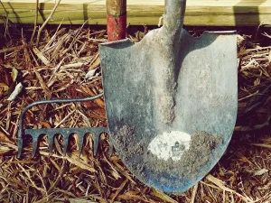 Chaussures de travail près d'outils sur une terrasse ensoleillée, herbe humide en arrière-plan