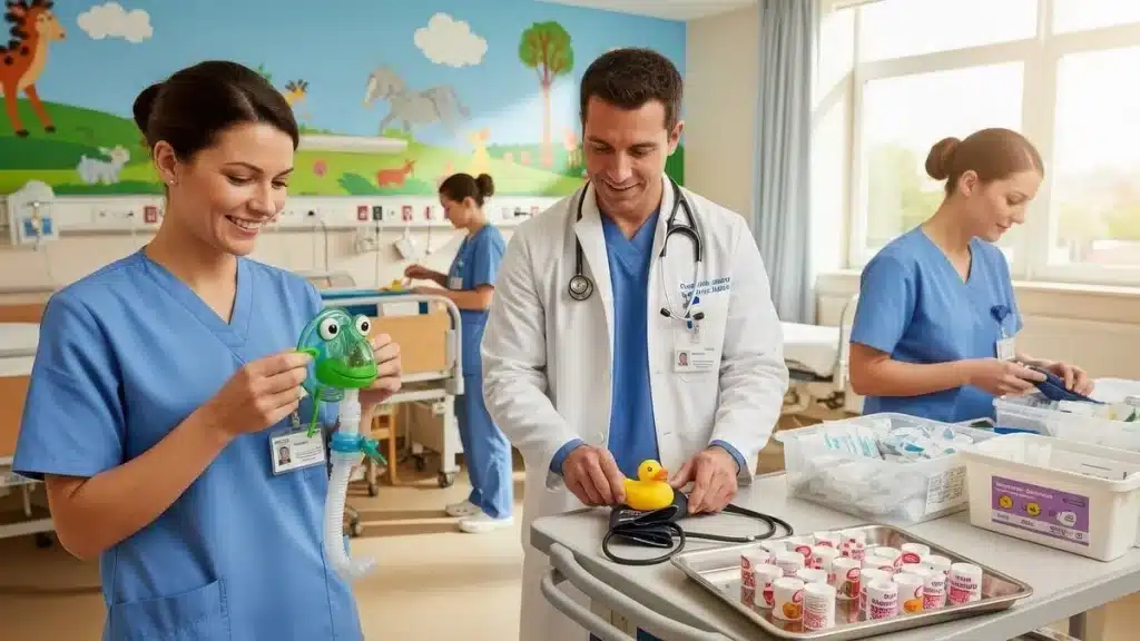 Couloir d'hôpital en plein jour, mains d'infirmiers passant un dossier, stéthoscope sur un comptoir